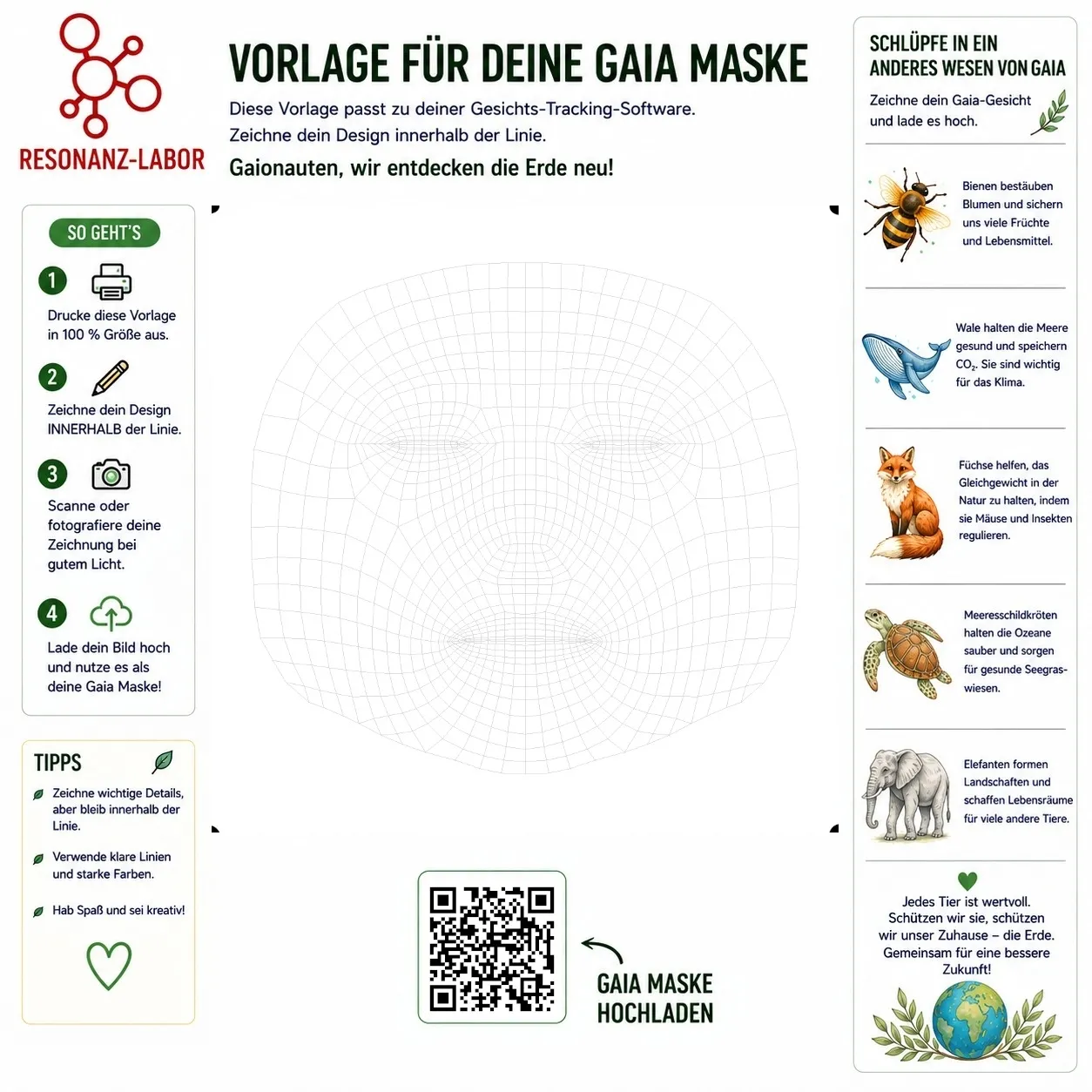 Die Vorlage für deine Gaia-Maske: eine Gesichts-Vorlage mit Anleitung und Tier-Ideen